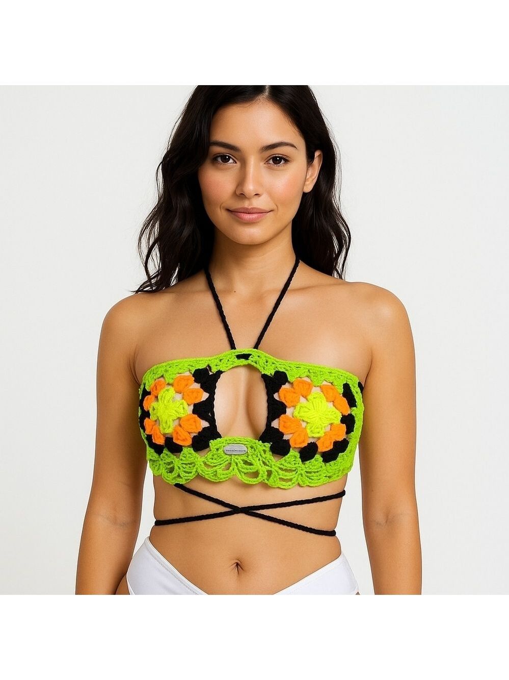 Handmade Floral CropTop Neon Colors Granny Square Crochet Swimming Top cover-up